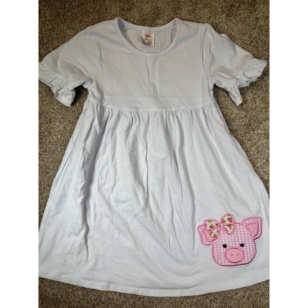 Stitchy Fish Pink Gingham Pig Blank White Cotton Dress 5